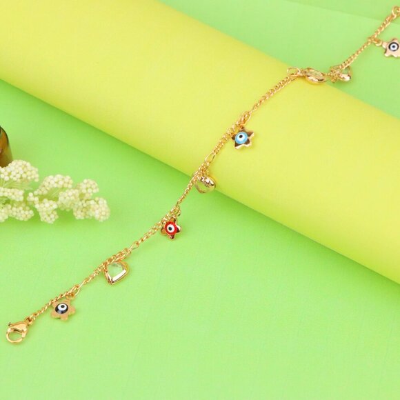 "Evil Eye Flower & Heart Charm Rose Gold Anklet, XPAL1190 - Picture 3 of 12